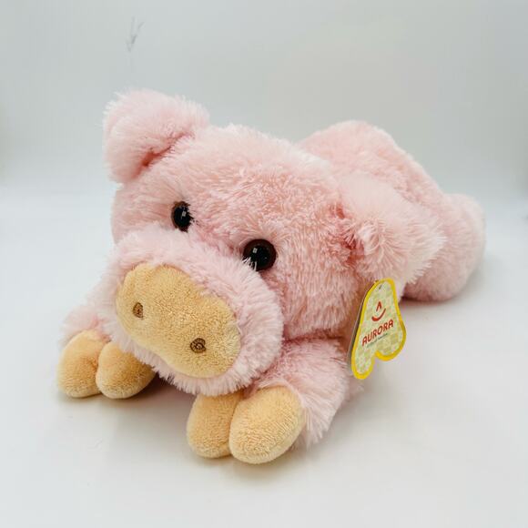 Large Aurora World Pippen Pink Pig Plush Laying Down Flat #50011 Tan Nose Fluffy - Picture 1 of 11